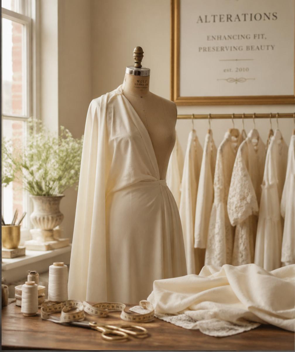Studio workspace with a dress form, tailoring tools, and delicate fabrics